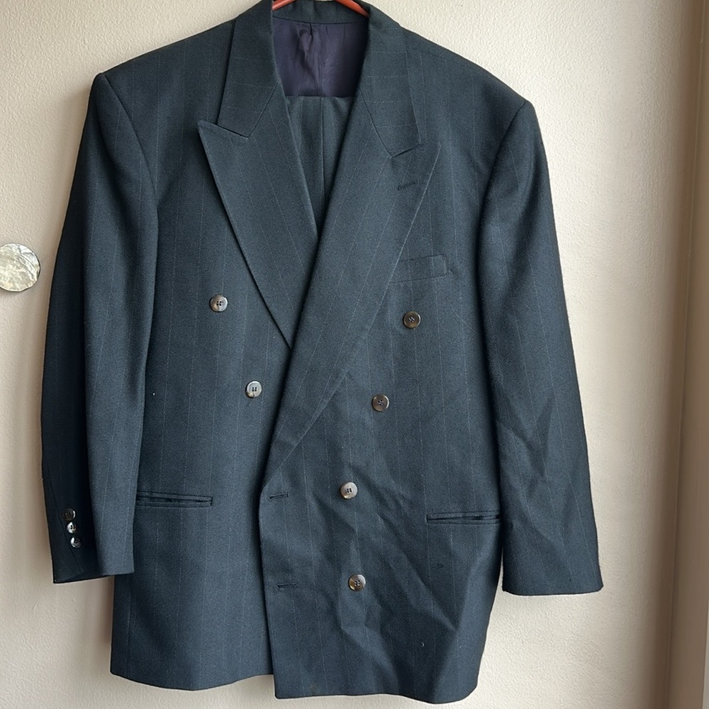 Cezar Del Prado Men’s 2 Pc Suit Striped Sz 42 Double Breasted Black Made Spain